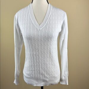 George Sweater White Cable Knit V-Neck Long Sleeve Classic Women's Size M